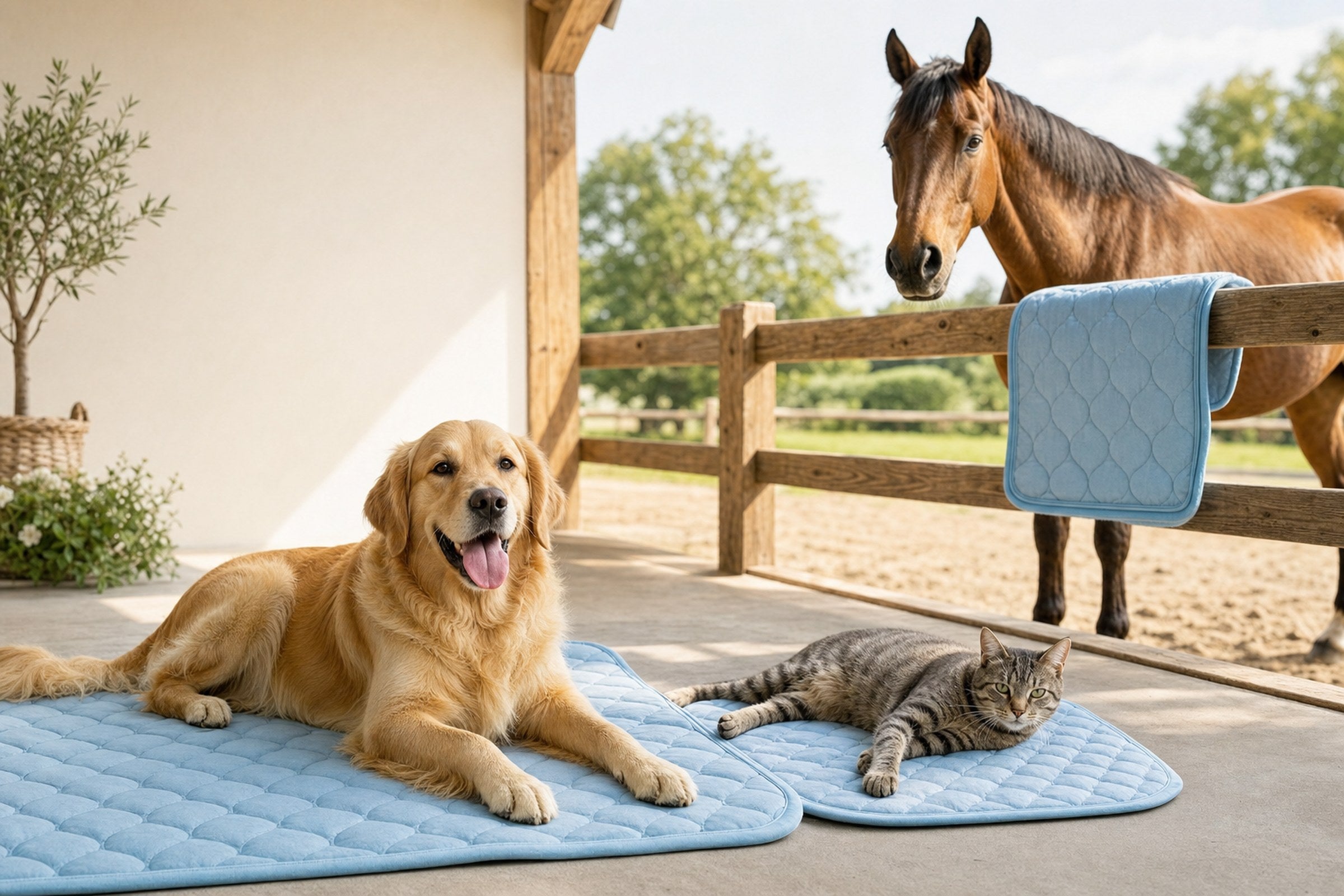Hund, Katze und Pferd mit Kühlmatten im Sommer