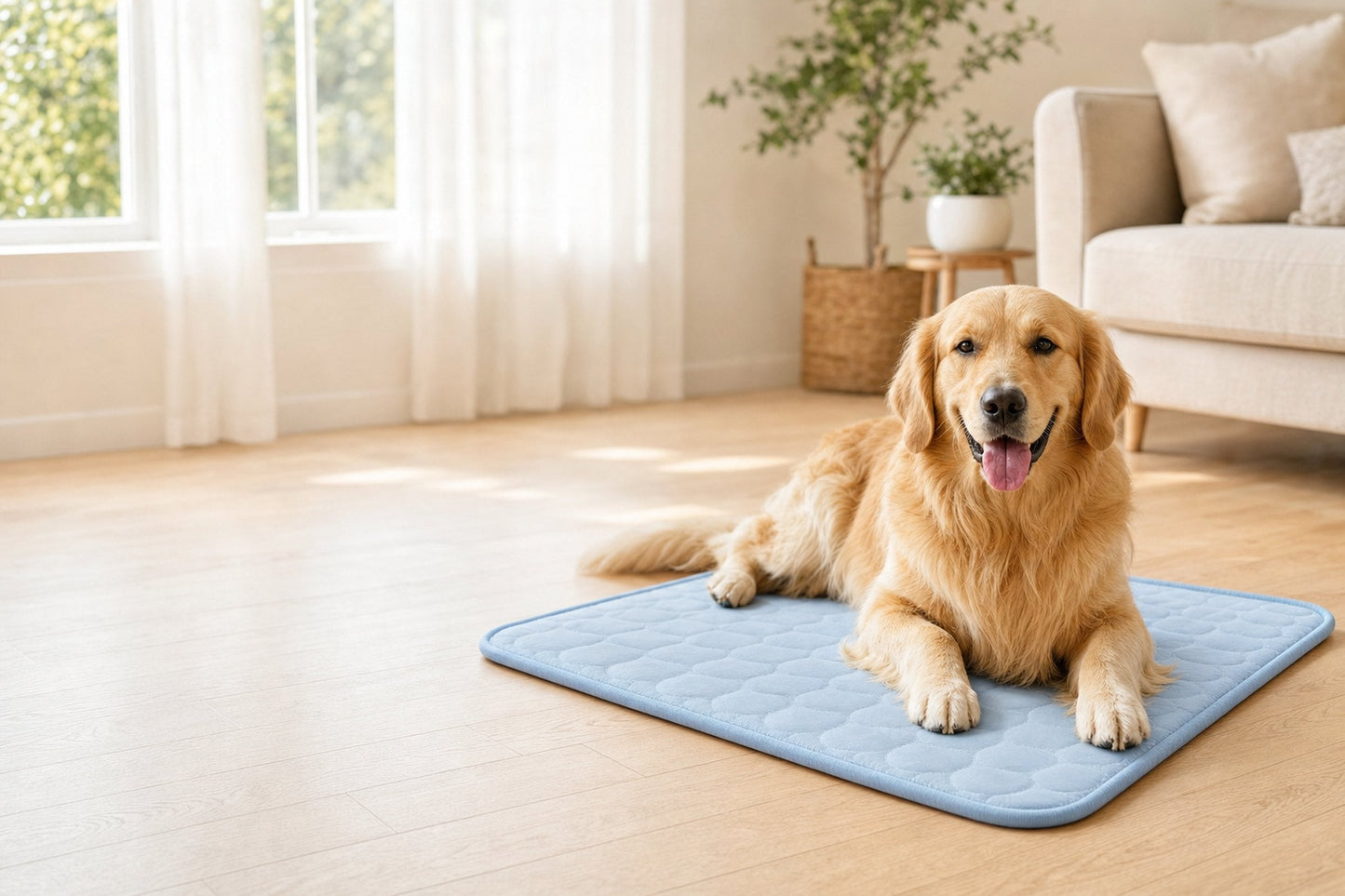 Golden Retriever liegt entspannt auf der blauen Kühlmatte im Wohnzimmer