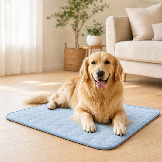 Golden Retriever liegt entspannt auf der blauen Kühlmatte im Wohnzimmer