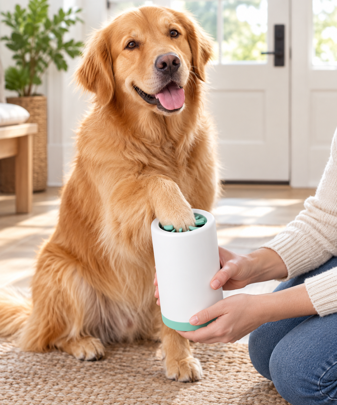 Golden Retriever stellt die Pfote in den Matschfrei Pfotenreiniger PRO