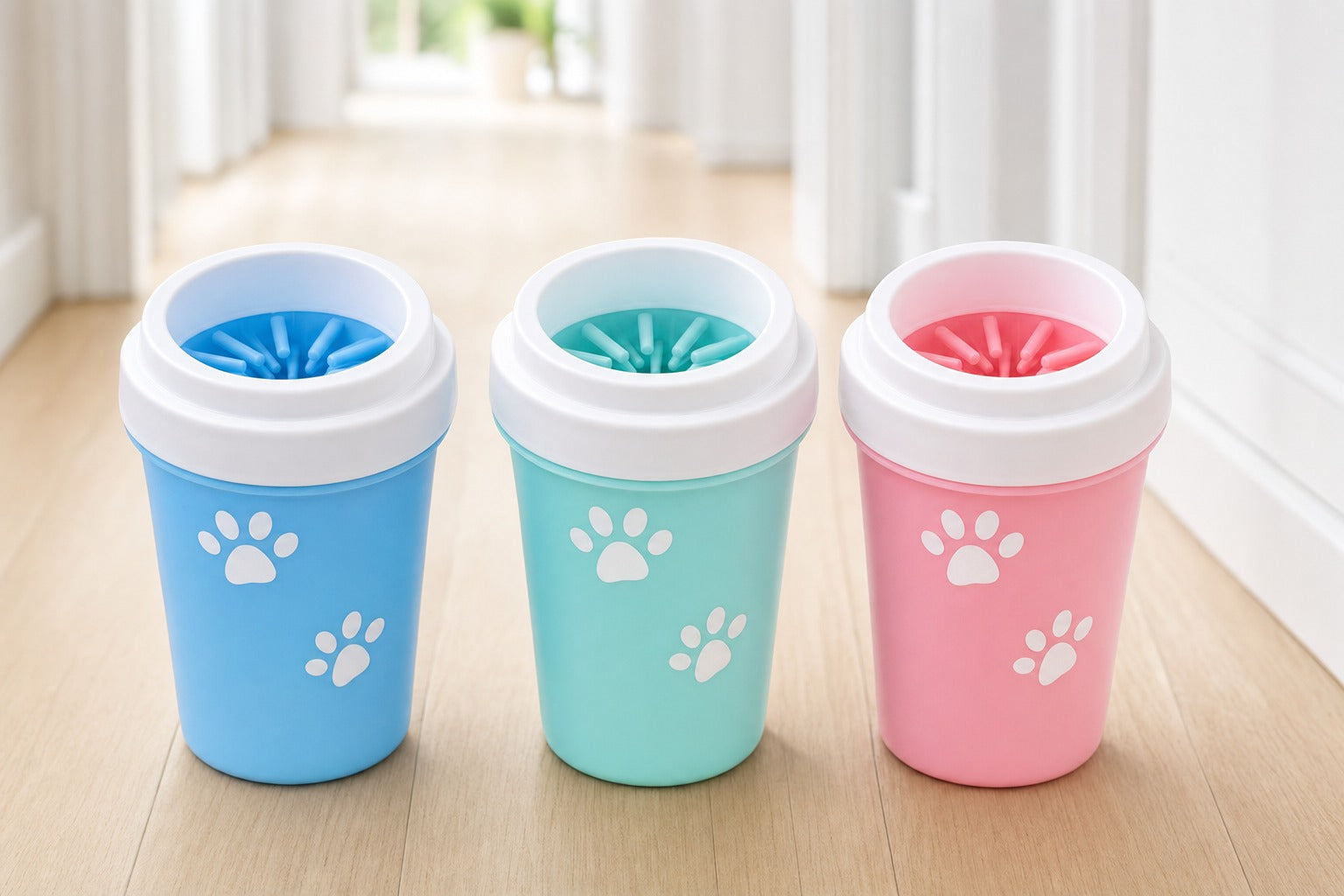 Pfotenreiniger in den Farben Blau, Mint und Rosa nebeneinander