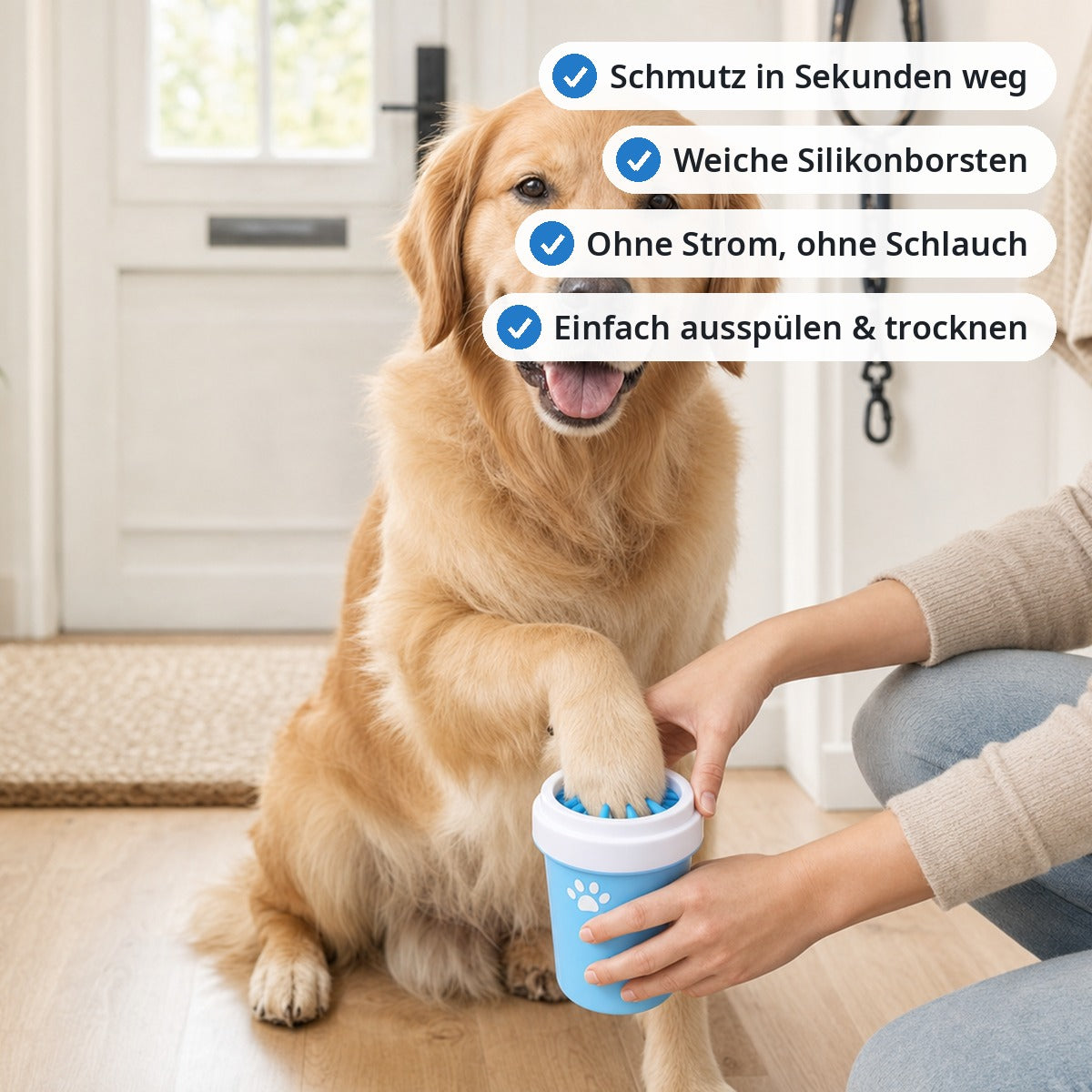Vorteile des Pfotenreinigers: Schmutz in Sekunden weg, weiche Silikonborsten, ohne Strom, einfach ausspuelen